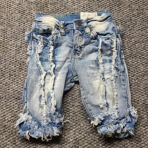 FWRD Denim NY Shorts Unisex Kids 2 Blue Cotton Stretch Patchwork Fringe Trim